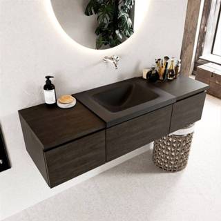 👉 Badmeubelset bruin melamine solid surface Dark Brown Mondiaz BUKLA 140x45x34cm 0 kraangaten wasbak midden Urban greeploos 3 lades met softclose BUKLA10205 6017331840827