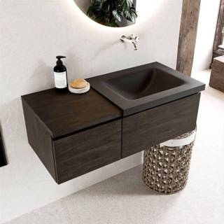 👉 Badmeubelset bruin melamine solid surface Dark Brown Mondiaz BUKLA 100x45x34cm 0 kraangaten wasbak rechts Urban greeploos 2 lades met softclose BUKLA10203 6017318369334