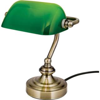 👉 Tafel lamp antiek messing groene Zora - bankier tafellamp met glazen kap