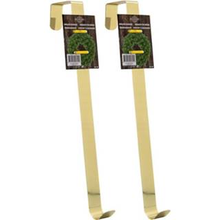 Kerstkrans messing goud 2x stuks ophangen hangers/deurhangers 27 cm