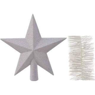 👉 Kerstversiering wit kunststof glitter ster piek 19 cm en folieslingers pakket winter van 3x stuks