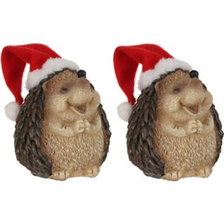 👉 Dierenbeeld Set van 2x stuks dierenbeeldjes egel met kerstmuts kerstdecoraties 9 cm