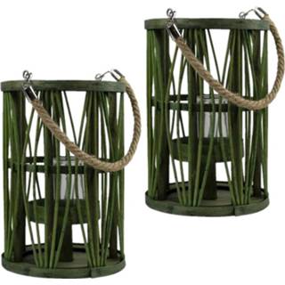 👉 Lantaarn groen glas Set Van 2x Stuks Windlicht Rotan/glas 17 X 24 Cm - Windlichten 8720576232354