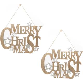 👉 Bord houten 2x Stuks Kersthangers/hangdecoratie Bordjes Merry Christmas Naturel 32 Cm - Kersthangers 8720576351901