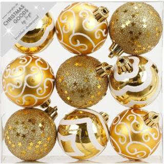 👉 Kerstbal goud kunststof active 9x stuks luxe gedecoreerde kerstballen 6 cm