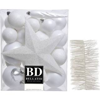 👉 Kerstversiering wit kerstballen 5-6-8 cm met ster piek en folieslingers pakket winter van 35x stuks