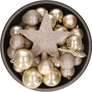 👉 Kerstbal champagne kunststof parel active Set van 33x stuks kerstballen met ster piek parel/champagne mix