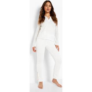 👉 Geborstelde Geribbelde Polo Met Kraag En Leggings Met Split, Cream