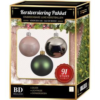 👉 Kerstbal groen roze multi kunststof 91 stuks Kerstballen mix zilver-groen-lichtroze voor 150 cm boom