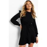 👉 Skater Jurk Met Geplooide Schouders En Ceintuur, Black