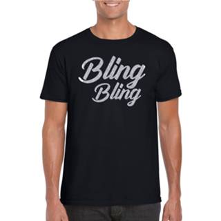 👉 Shirt zilver active mannen zwart Bling tekst t-shirt heren - Glitter en Glamour party kleding