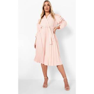 👉 Plus Geplooide Midi Jurk Met Volle Mouwen, Rose