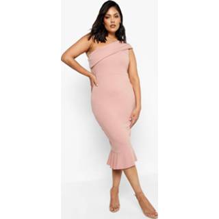 👉 Plus Peplum Midi Jurk Met Eén Blote Schouder, Rose