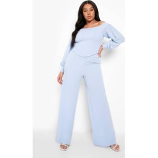 👉 Plus Korset Met Volle Mouwen En Wide Leg Broek, Powder Blue