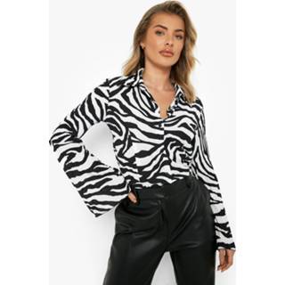 👉 Geplooide Zebraprint Slim Fit Blouse Met Wijde Mouwen, Black