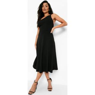 Skinny Fit Midi Skater Jurk Met Bandjes En Eén Blote Schouder, Black