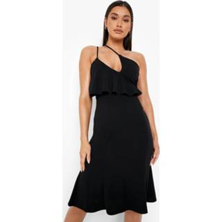 👉 Asymmetrische Midi Skater Jurk Met Ruches, Black