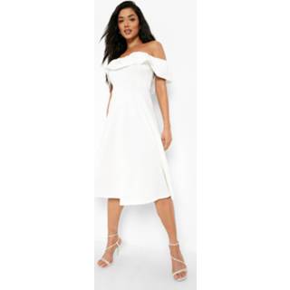 👉 Midi Skater Jurk Met Open Schouders En Ruches, White