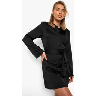 👉 Satijnen Blouse Met Waterval Hals En Rok Met Ceintuur, Black