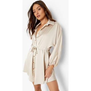 👉 Satijnen Blouse Jurk Met Ceintuur En Volle Mouwen, Oyster