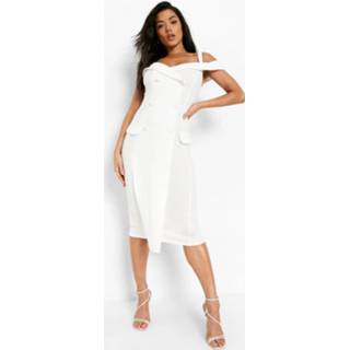 👉 Midi Jurk Met Uitgesneden Schouders En Dubbele Knopen, White