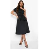 👉 Midi Skater Jurk Met Eén Blote Schouder En Ruches, Black