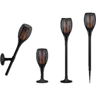 👉 Buitenlamp zwart kunststof Set van 8x stuks solar tuinlampen/tuinfakkels met vlameffect op zonne-energie 58 cm