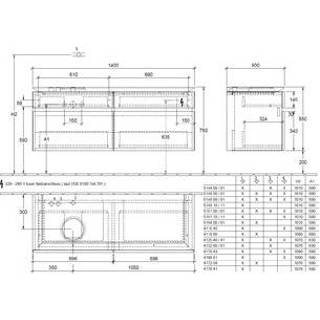 👉 Wastafelonderbouwkast eiken Villeroy & Boch Legato m. 4 laden v. opzetwastafel links 160x50x55cm grafiet 4051202899622