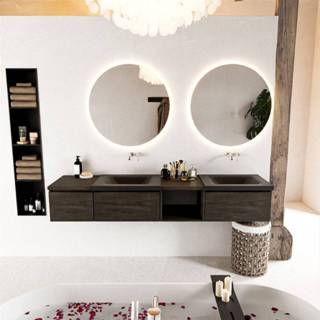 👉 Badmeubelset solid surface melamine Dark Brown bruin Mondiaz BUKLA 200x45x34cm 0 kraangaten 2 wasbakken Urban greeploos 3 lades met softclose BUKLA20147 6017315946934