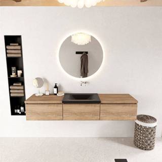 👉 Badmeubelset solid surface melamine Washed Oak Mondiaz BUKLA 180x45x34cm 0 kraangaten wasbak midden Urban greeploos 3 lades met softclose BUKLA10105 6017342793709