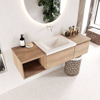 👉 Badmeubelset melamine solid surface Washed Oak Mondiaz BUKLA 140x45x34cm 0 kraangaten wasbak midden Talc greeploos 2 lades met softclose BUKLA20005 6017322318335