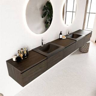 👉 Badmeubelset bruin melamine solid surface Dark Brown Mondiaz BUKLA 300x45x34cm 2 kraangaten wasbakken Urban greeploos 5 lades met softclose BUKLA10242 6017336727796