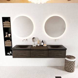 👉 Badmeubelset solid surface melamine Dark Brown bruin Mondiaz BUKLA 180x45x34cm 0 kraangaten 2 wasbakken Urban greeploos 3 lades met softclose BUKLA10235 6017327975915