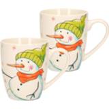 Kerstmok groene oranje wit porselein 2x stuks kerstmok/wintermok sneeuwpop met muts en sjaal van poreselein 10 cm