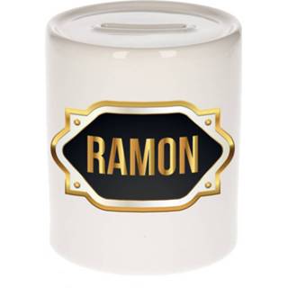 👉 Spaarpot gouden keramiek multikleur Naam Cadeau Ramon Met Embleem - Spaarpotten 8720276925280