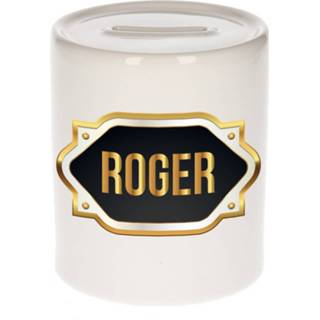 👉 Spaarpot gouden keramiek multikleur Naam Cadeau Roger Met Embleem - Spaarpotten 8720276925587