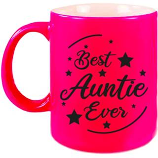 👉 Koffiemok roze keramiek Best Auntie Ever Cadeau / Theebeker Neon 330 Ml - Feest Mokken 8720276877893