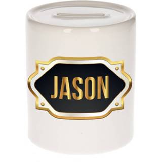 👉 Spaarpot gouden keramiek multikleur Naam Cadeau Jason Met Embleem - Spaarpotten 8720276923521