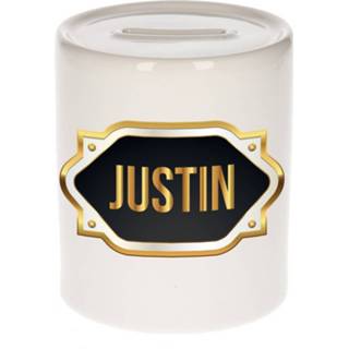 👉 Spaarpot gouden keramiek multikleur Naam Cadeau Justin Met Embleem - Spaarpotten 8720276924023