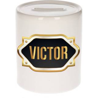 👉 Spaarpot gouden keramiek multikleur Naam Cadeau Victor Met Embleem - Spaarpotten 8720276926379