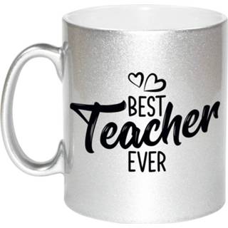 👉 Beker zilver One Size Best teacher ever mok / met hartjes - 330 ml cadeau juf meester leraar lerares 8720276884686