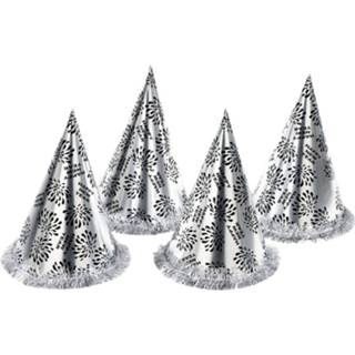 👉 4x Zilveren Feesthoedjes Happy New Year - Verkleedhoofddeksels
