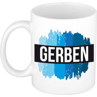 👉 Beker blauwe keramiek multikleur Naam Cadeau Mok / Gerben Met Verfstrepen 300 Ml - Mokken 8720576366851