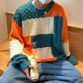 👉 Sweater blauw Color Block Cable Knit