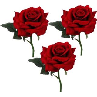 👉 Kunstbloem rode rood kunststof 3x stuks Valentijn thema feestartikelen roos/rozen deluxe 31 cm