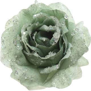 Groene salie groen polyester 1x decoratie bloemen rozen op clip 14 cm