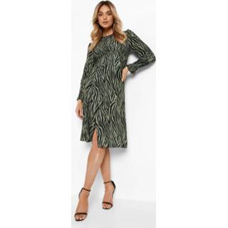 👉 Zebraprint Midi Jurk Met Geplooide Mouwen, Khaki