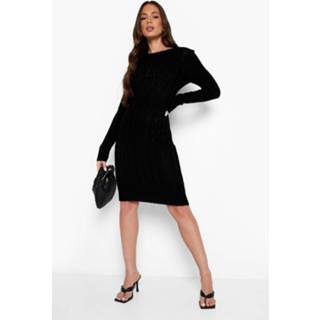 👉 Zachte Gebreide Geribbelde Gebreide Midi Jurk, Black