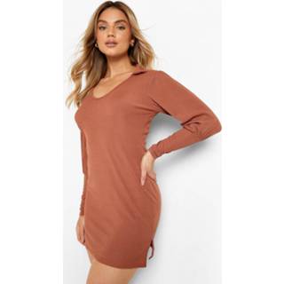 Geribbelde Mini Jurk Met Laag Decolleté, Pofmouwen En Kraag, Tan