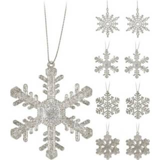 👉 Figuurtje zilver metaal zilverkleurig 8x Kersthangers Figuurtjes Sneeuwvlok/ster 10 Cm Glitter - 8719538938380
